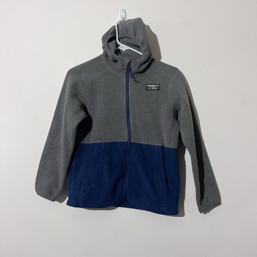 LL Bean Jacket Youth Boys Medium 10-12 Gray Blue Fleece Full Zip Hooded Coat